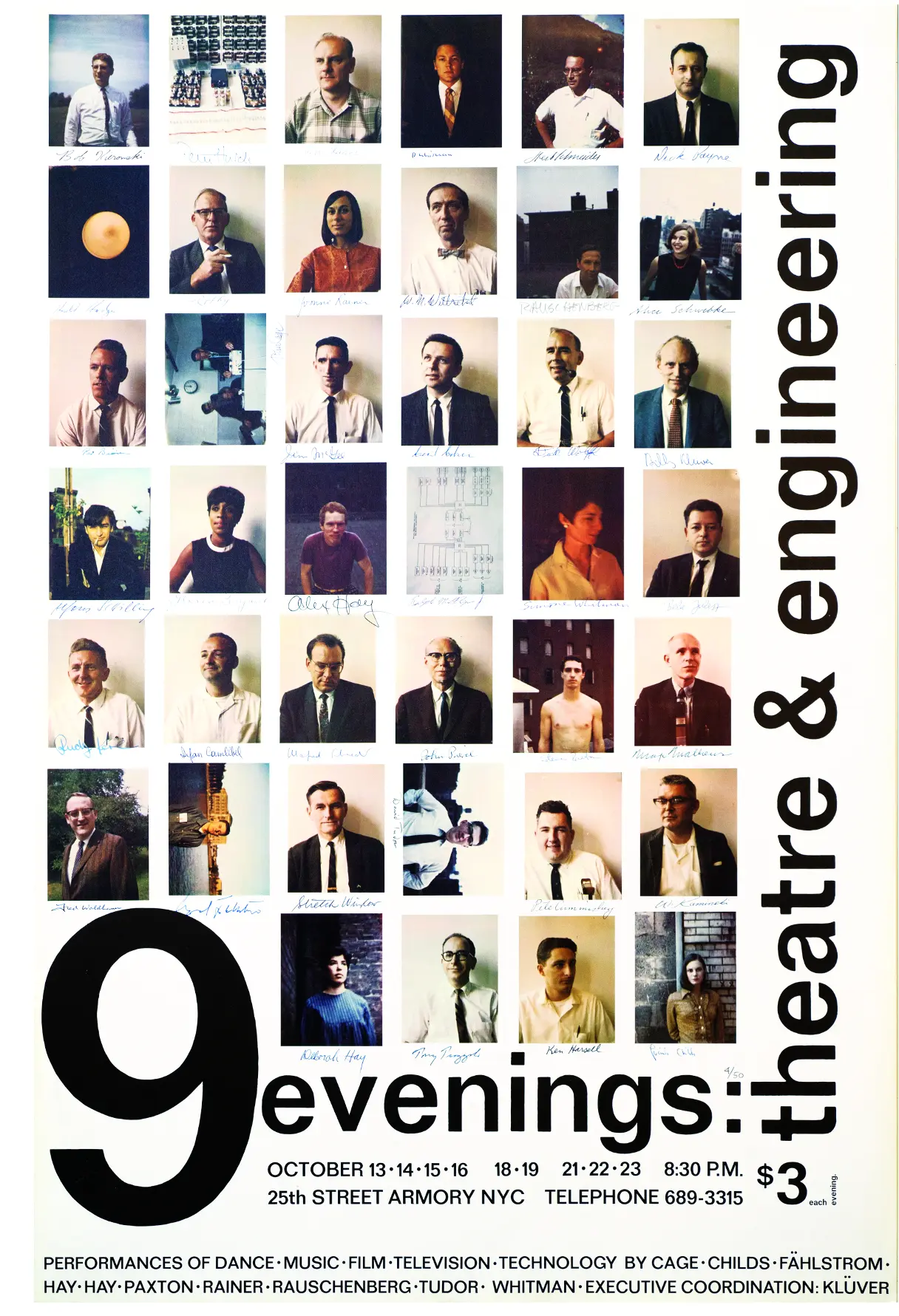 Poster for '9 evenings: theatre and engineering' at the 25th Street Armory in New York, October 1966, three dollars each evening. A grid of signed Polaroid portraits of the participating artists and Bell Labs engineers fills the top two thirds of the poster.