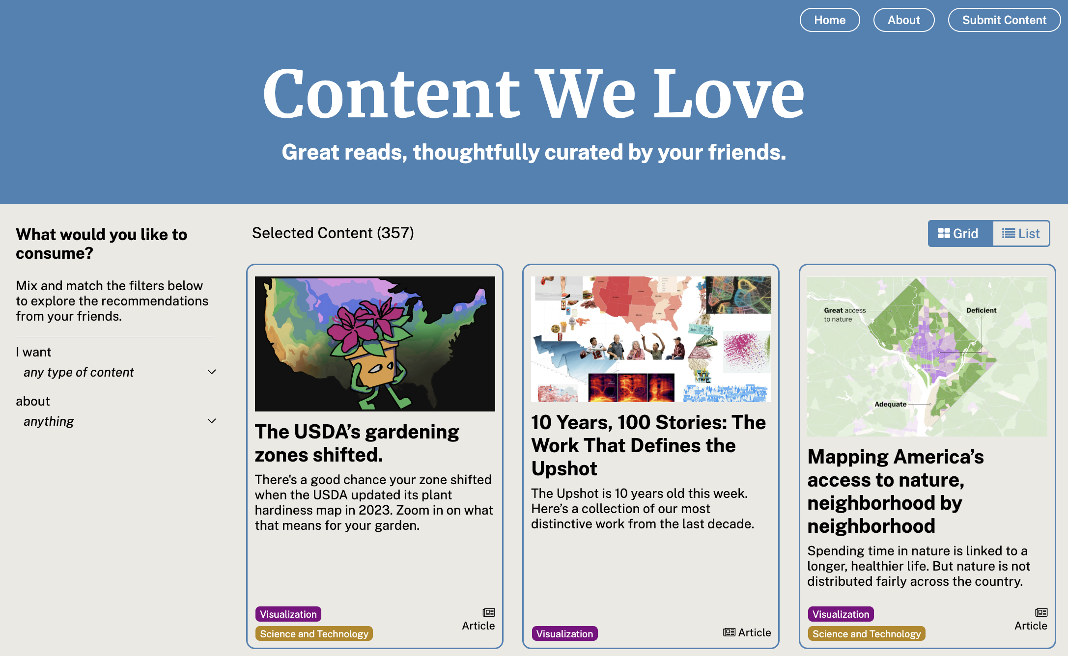 The home page of the web app, showing the first three articles